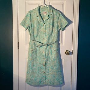 Vintage 60’s/70’s fitted button-down retro aqua paisley midi dress XL/12